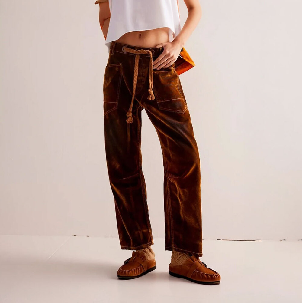 We the Free Moxie Flocked Pull-On Barrel Jeans Brown Cargo Pants 28 Free People